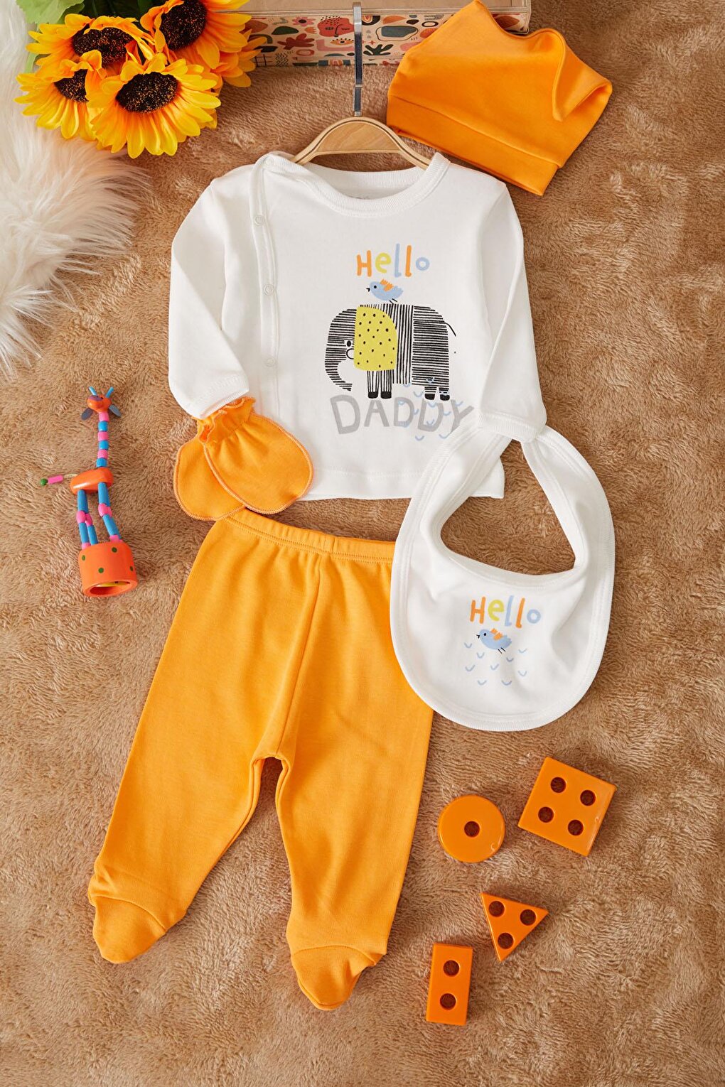 Orange Elephant Printed Baby Boy 5-Piece Bodysuit Set with Booties 17508