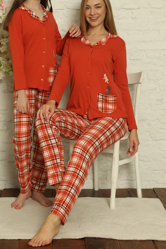 Women's Long Sleeve Buttoned Pajama Set Plaid Cotton Lycra