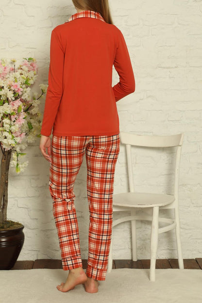 Women's Long Sleeve Buttoned Pajama Set Plaid Cotton Lycra