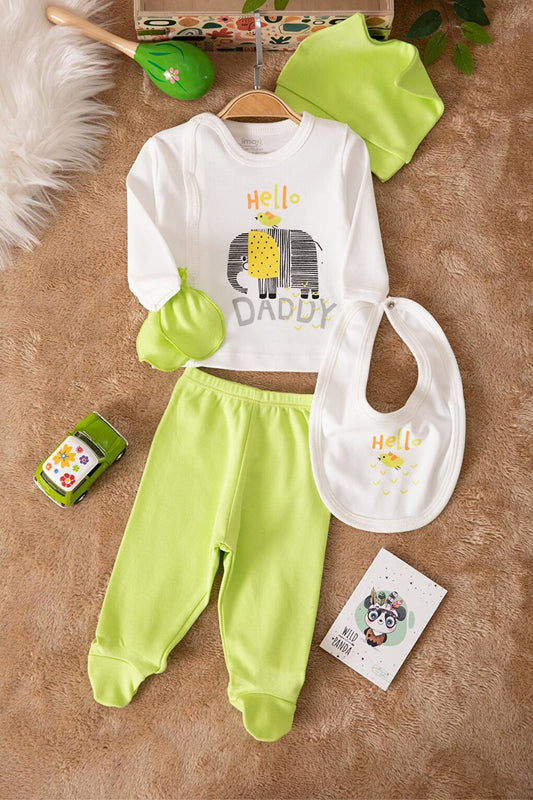 Green Elephant Printed Baby Boy 5-Piece Bodysuit Set with Booties 17507