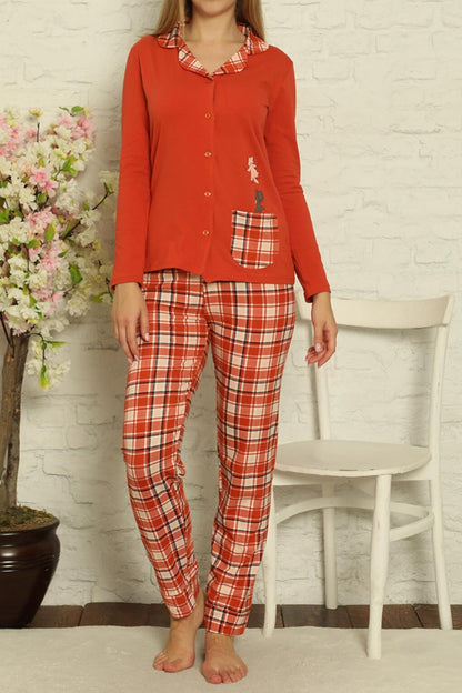 Women's Long Sleeve Buttoned Pajama Set Plaid Cotton Lycra