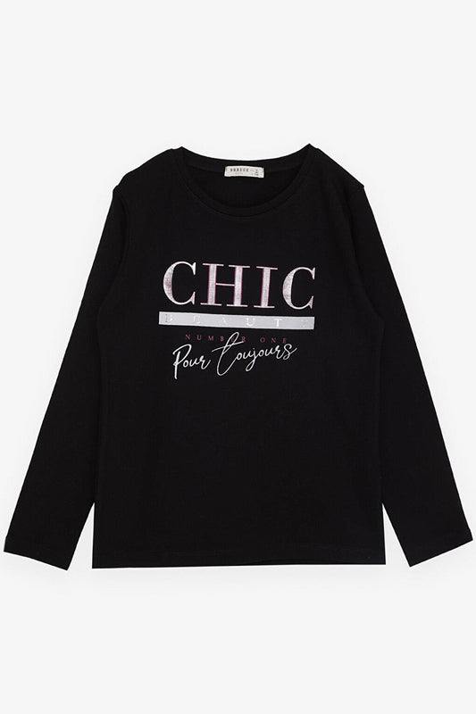 Girl's Long Sleeve T-Shirt Glitter Text Printed Black (Age 9-14)