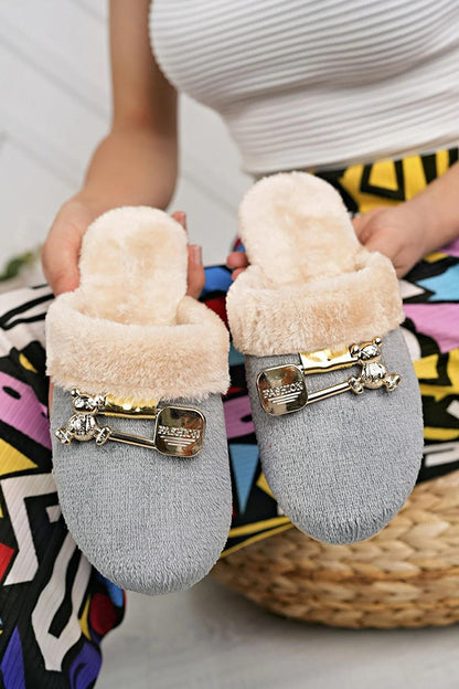 Fur Inside Silent Sole Buckle Detailed Women's Home Slippers P01-10-23