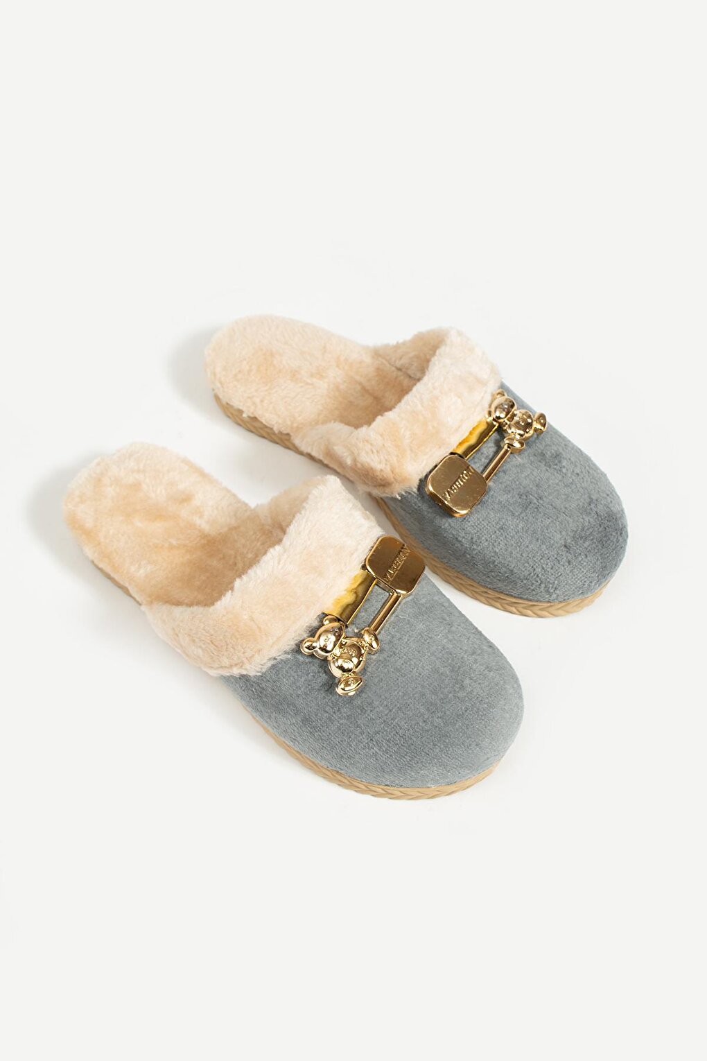 Fur Inside Silent Sole Buckle Detailed Women's Home Slippers P01-10-23