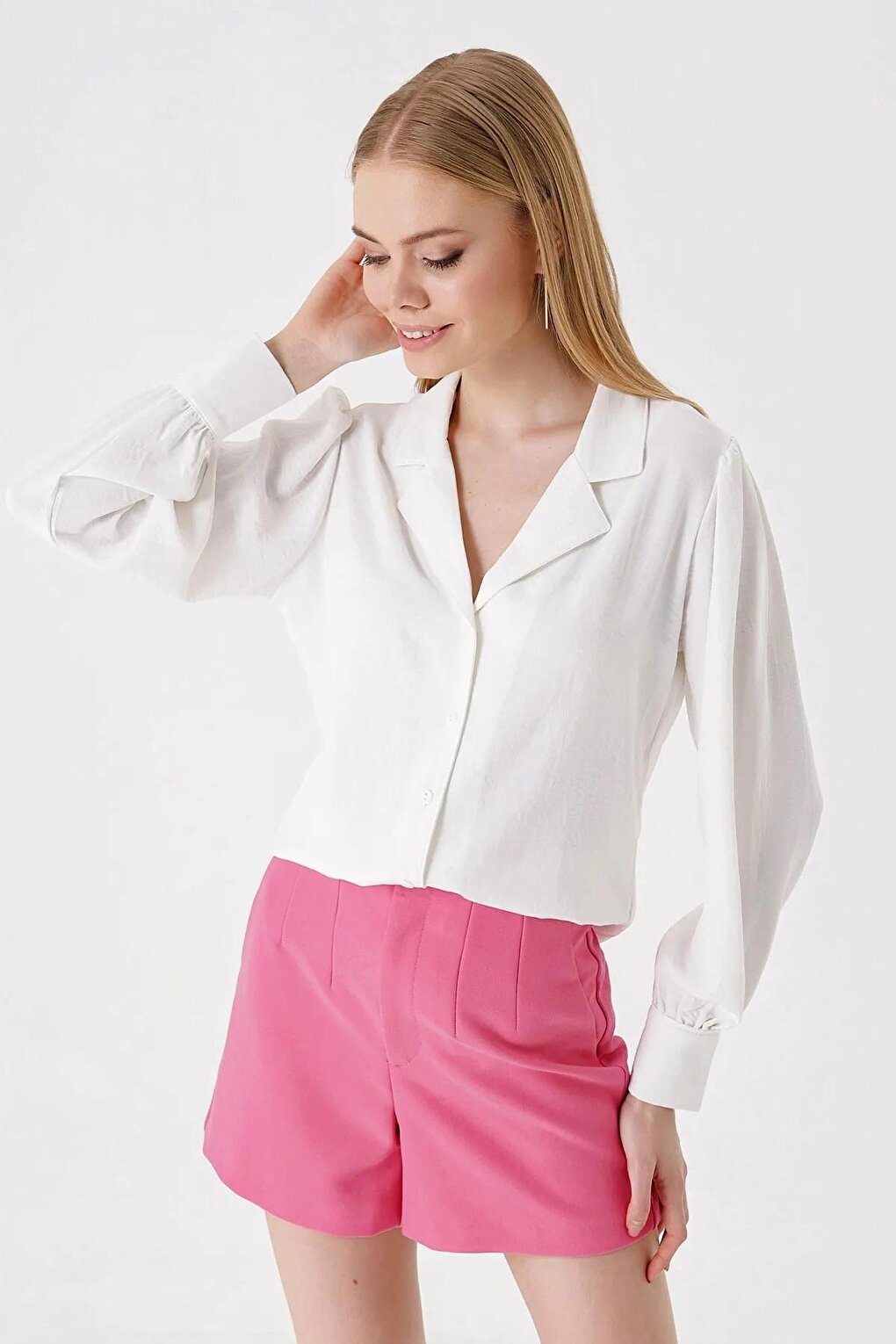 Women's White Jacket Collar Loose Woven Shirt HZL23S-BD1201391