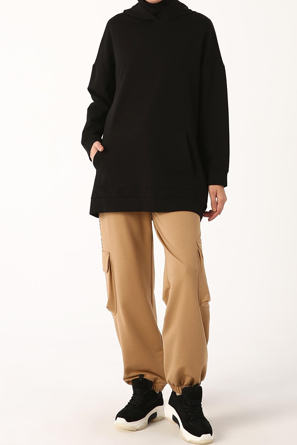 Black Kangaroo Pocket Hooded Sweat Tunic