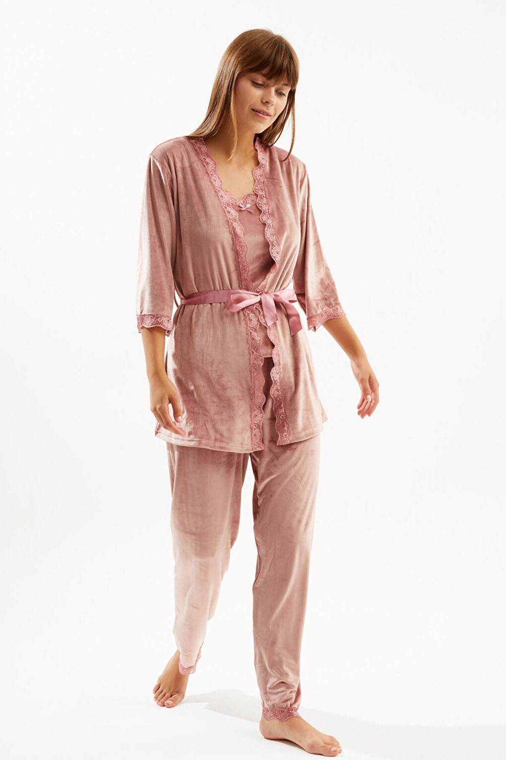 Women's Powder Soft Velvet Three-quarter Sleeve Rope Strap Trousers 3-Piece Pajama Set