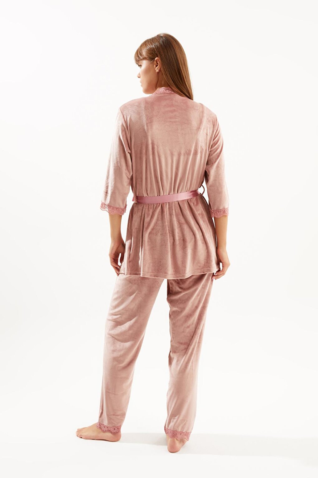 Women's Powder Soft Velvet Three-quarter Sleeve Rope Strap Trousers 3-Piece Pajama Set