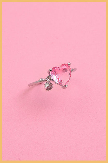 Silver Pink Heart Zircon Pendant Adjustable Steel Ring (Exclusive)