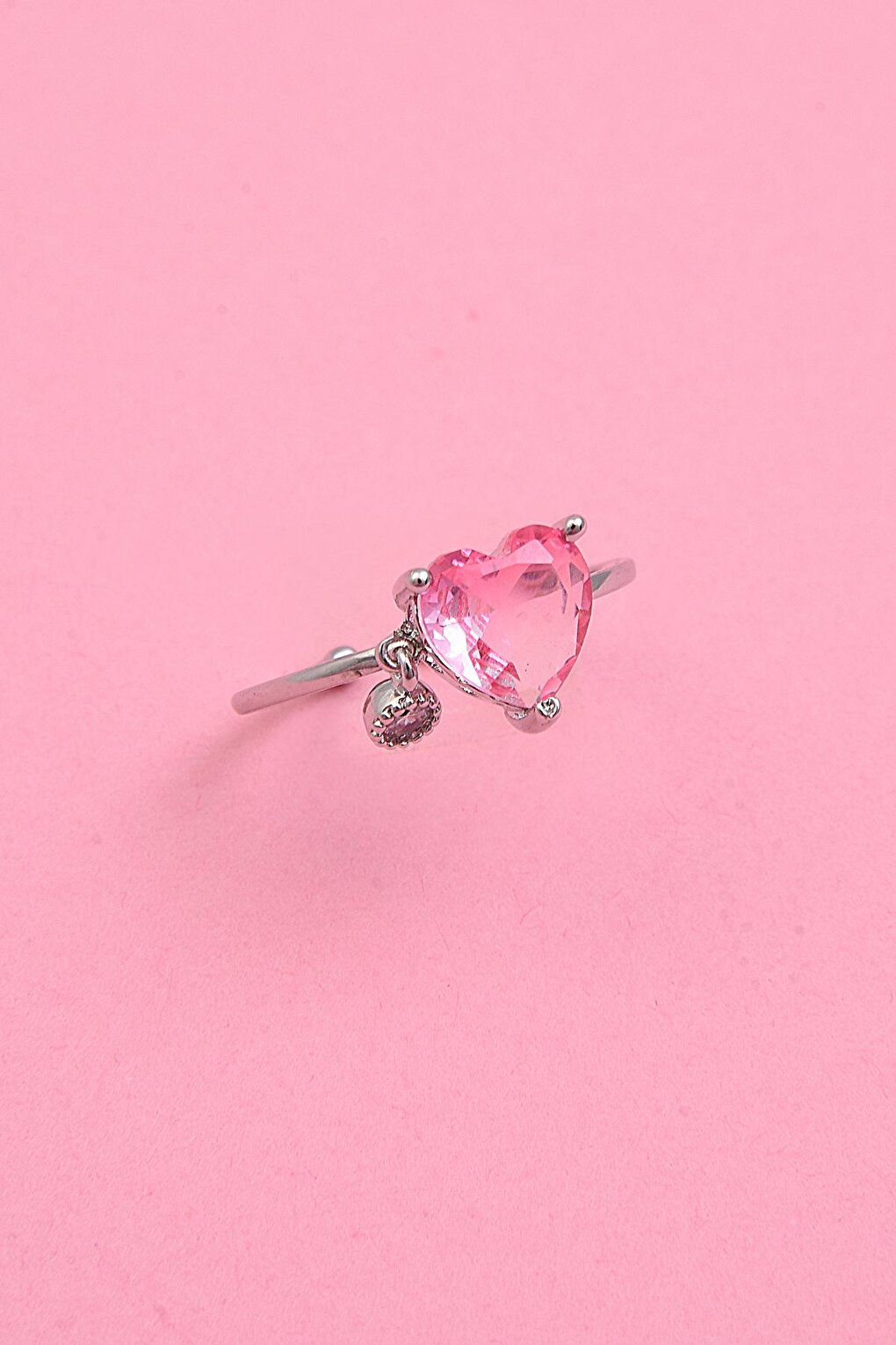 Silver Pink Heart Zircon Pendant Adjustable Steel Ring (Exclusive)