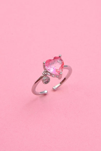 Silver Pink Heart Zircon Pendant Adjustable Steel Ring (Exclusive)