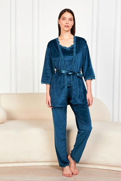 Women's Indigo Soft Velvet Three Quarter Sleeve Rope Strap Trousers 3-Piece Pajama Set