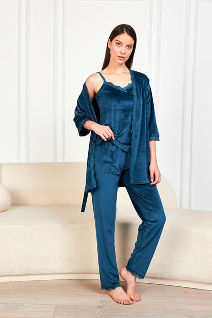 Women's Indigo Soft Velvet Three Quarter Sleeve Rope Strap Trousers 3-Piece Pajama Set