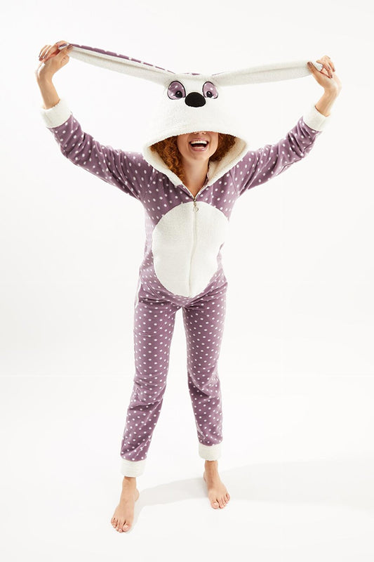 Women's Lilac Rabbit Polka Dot Back Zipper Fleece Jumpsuit