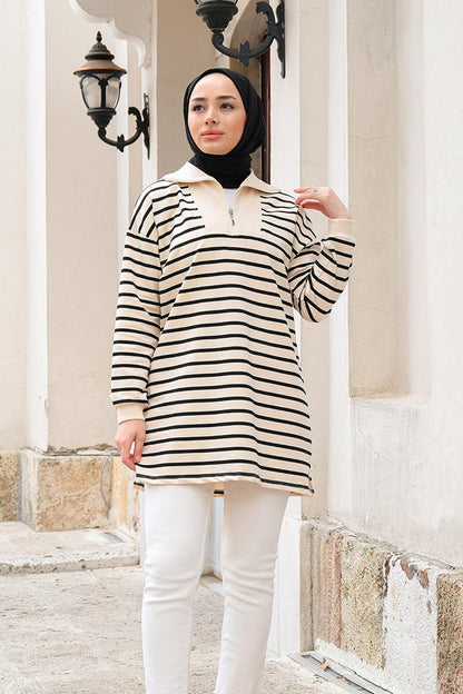 Zippered Front Striped Sweat Black