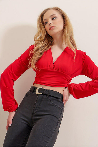 V-Neck Front and Gathered Waist Sandy Crop Blouse