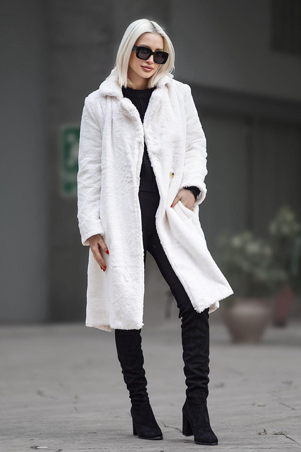 White Soft Textured Plush Coat