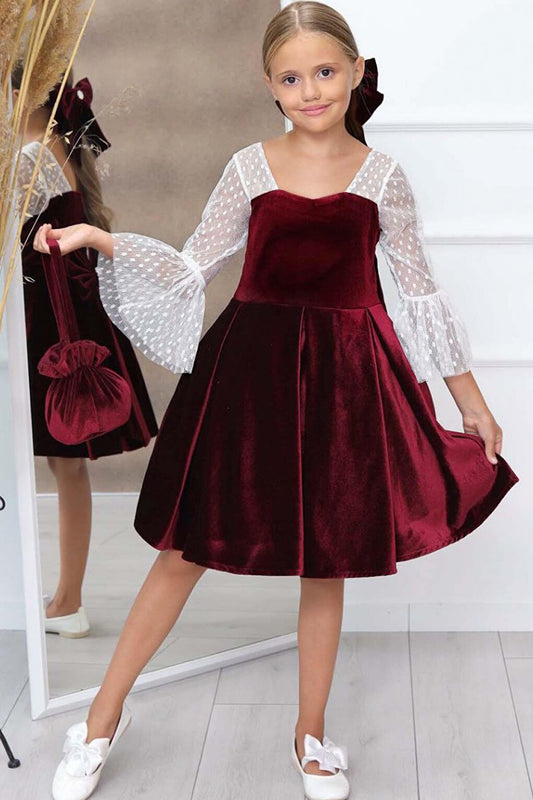 Girl's Burgundy Velvet Dress with Transparent Sleeves and Polka Dot Detail