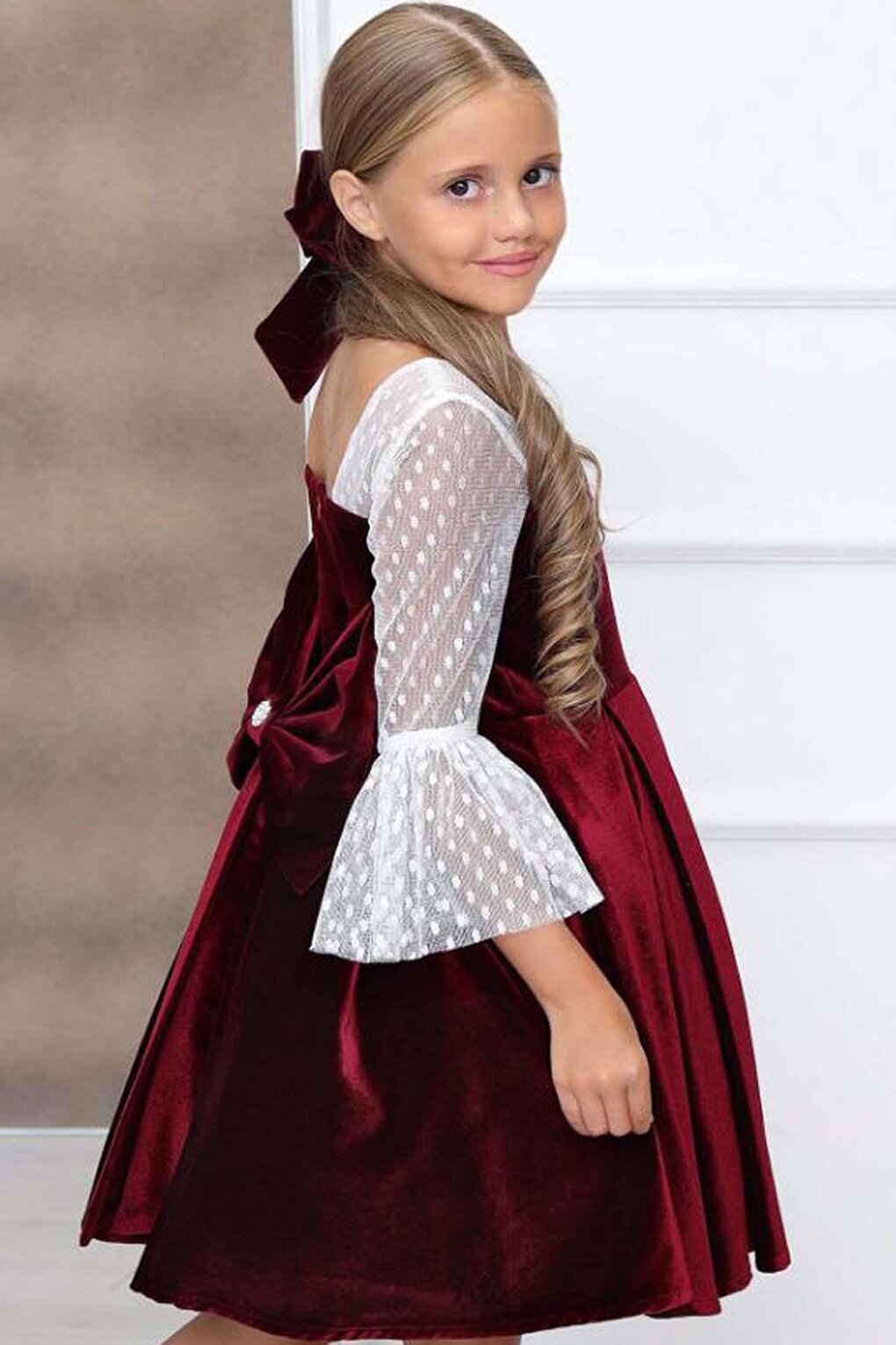 Girl's Burgundy Velvet Dress with Transparent Sleeves and Polka Dot Detail