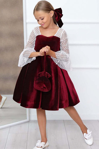 Girl's Burgundy Velvet Dress with Transparent Sleeves and Polka Dot Detail