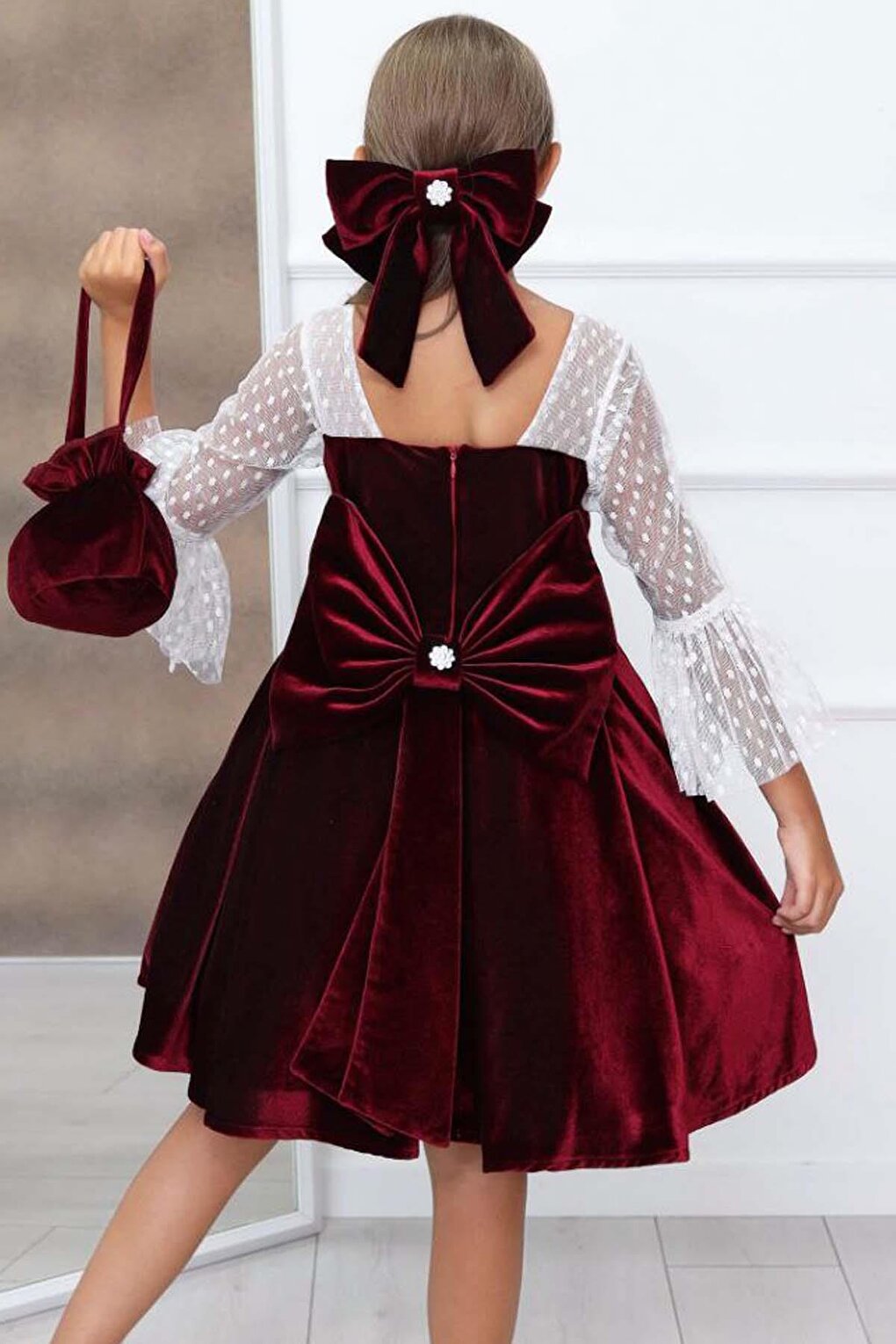 Girl's Burgundy Velvet Dress with Transparent Sleeves and Polka Dot Detail