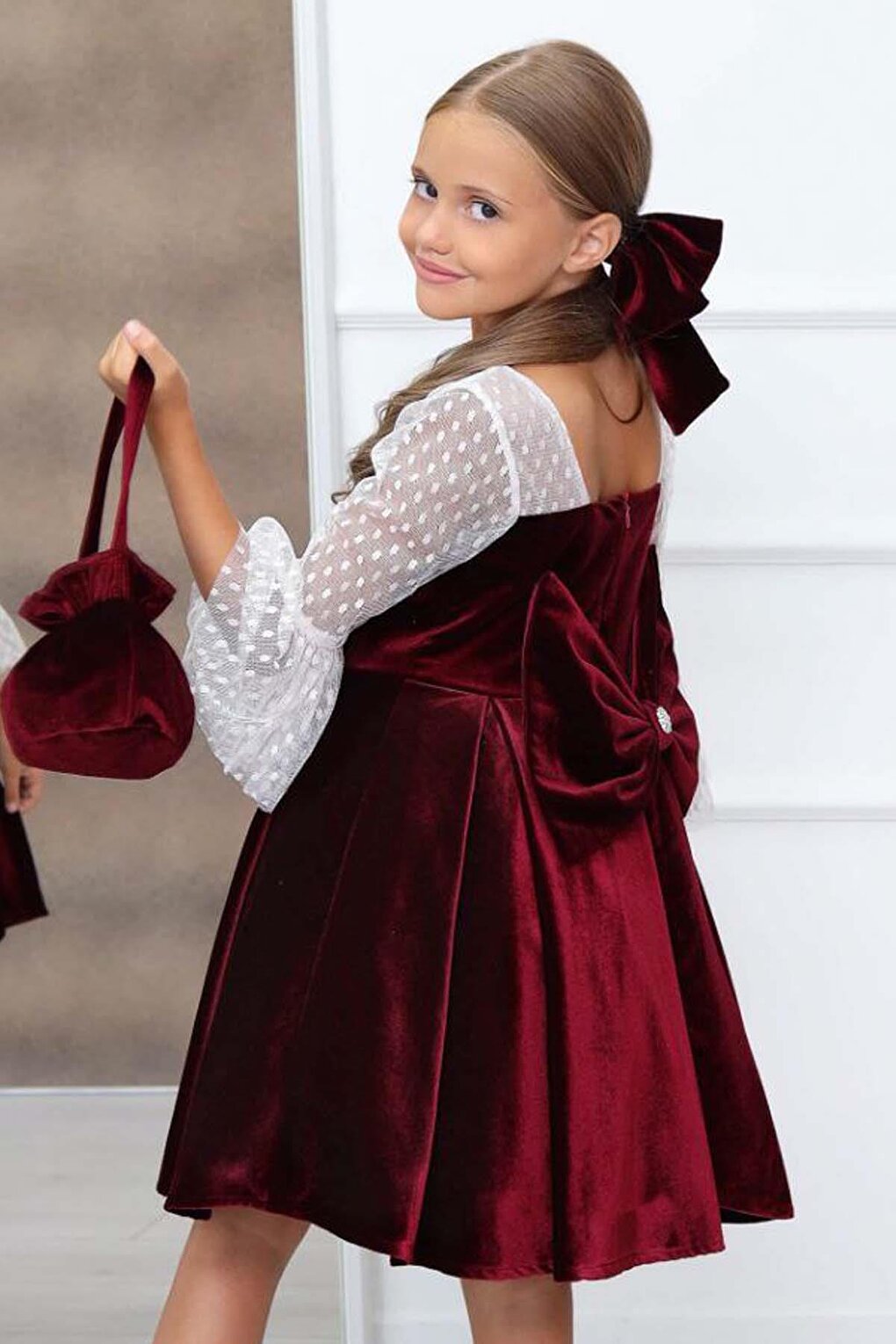 Girl's Burgundy Velvet Dress with Transparent Sleeves and Polka Dot Detail