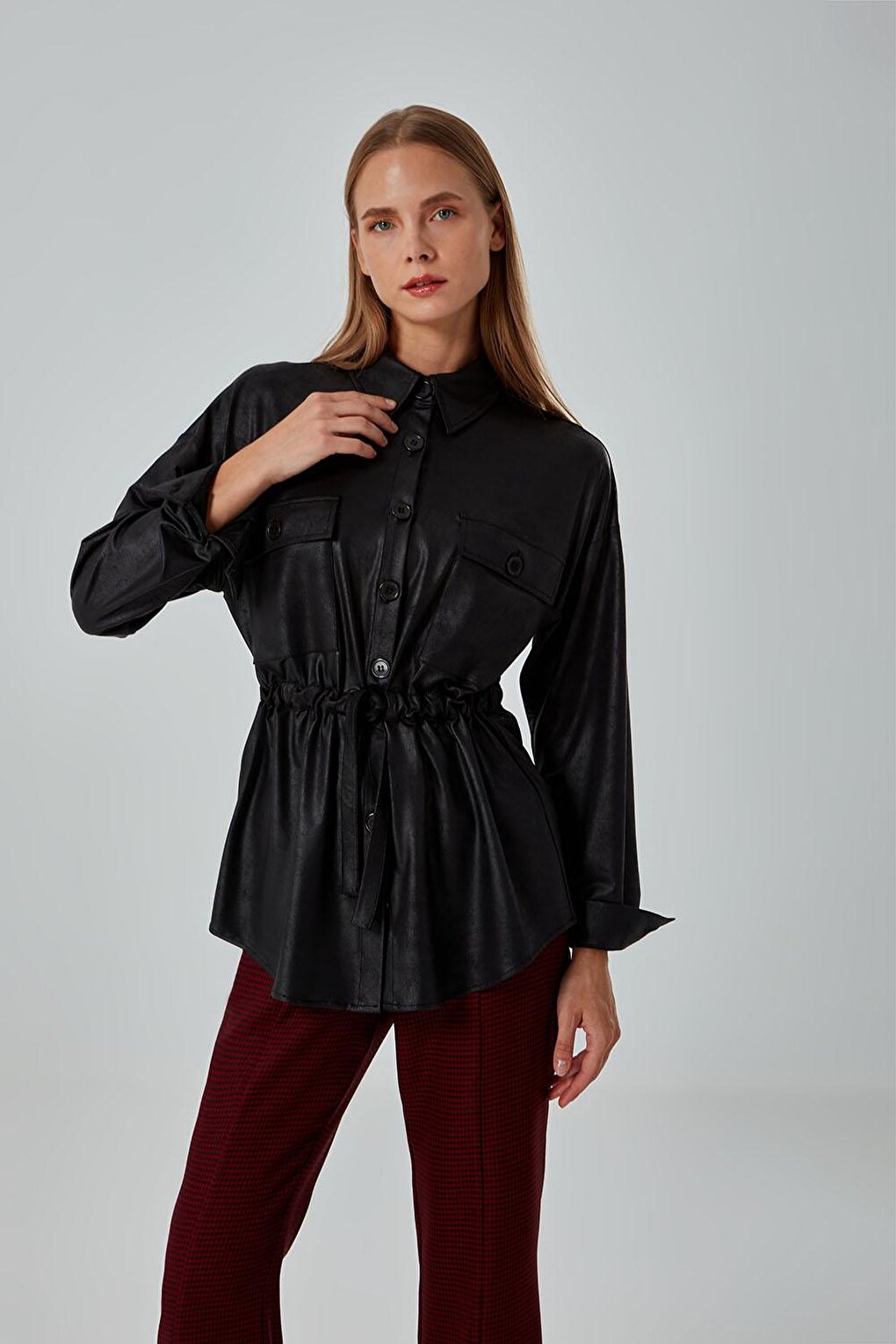 Leather Detailed Gathered Black Shirt