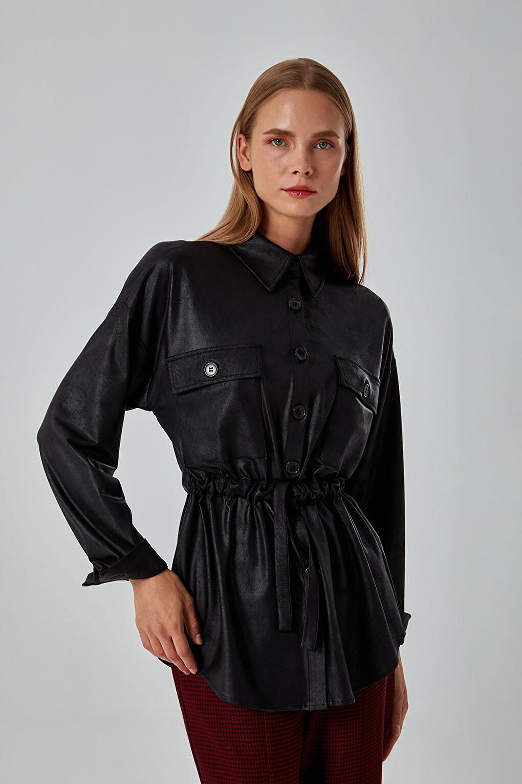 Leather Detailed Gathered Black Shirt