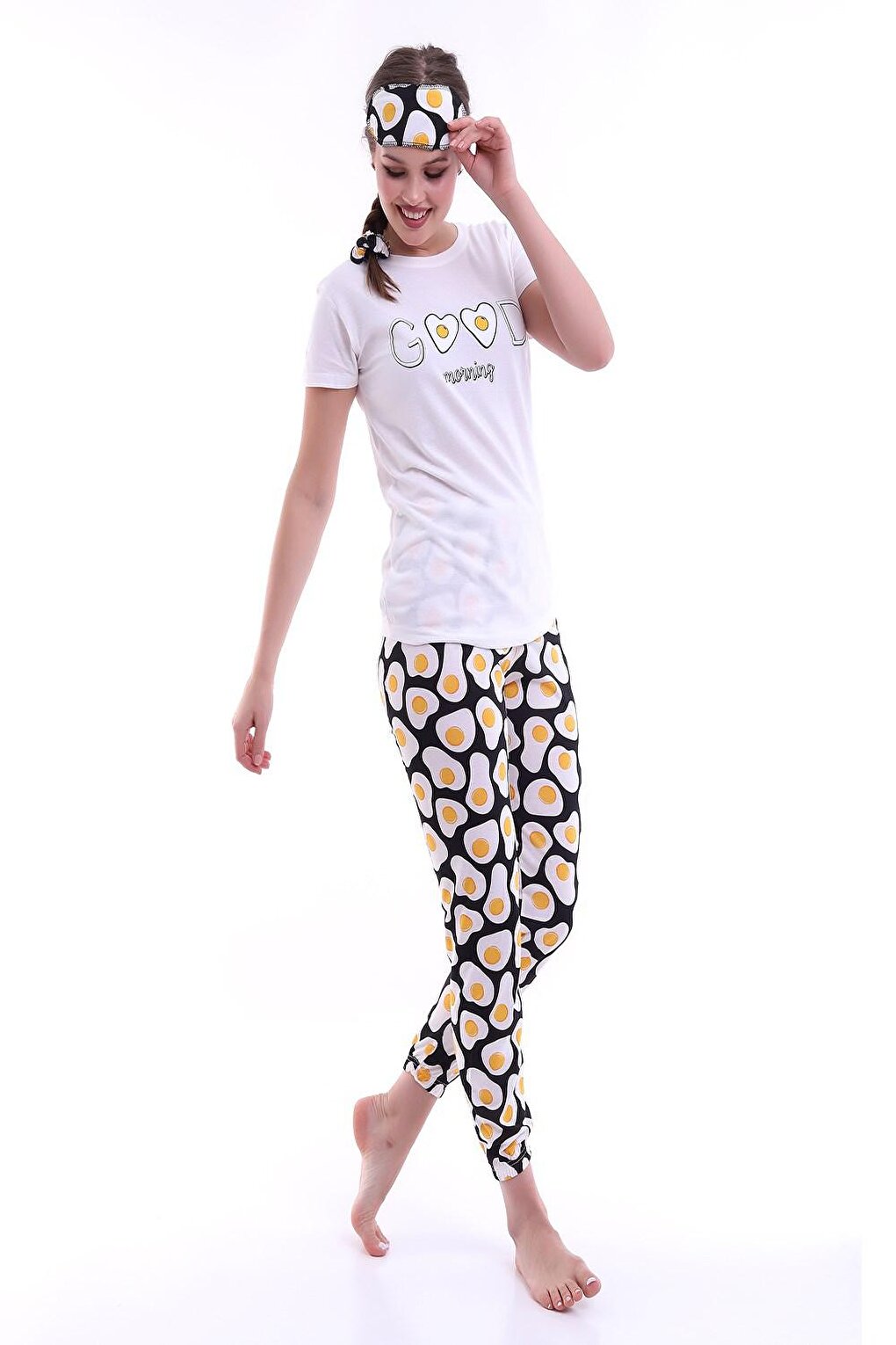 Good Morning Printed Women's Short Sleeve Pajama Set with White Sleep Band