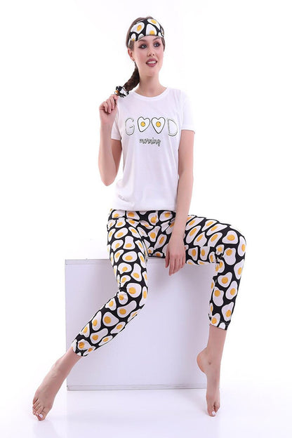 Good Morning Printed Women's Short Sleeve Pajama Set with White Sleep Band