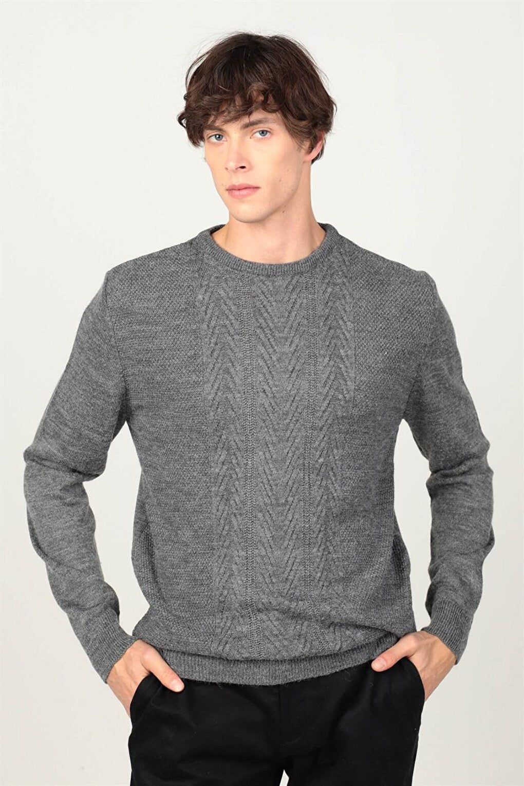 Slim Fit Crew Neck Front Patterned Men's Sweater