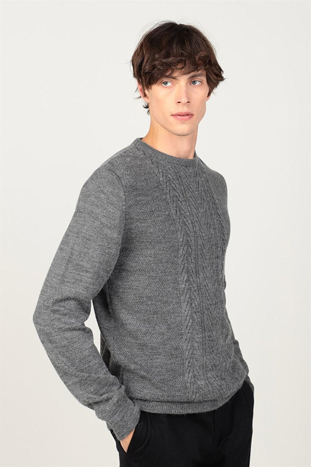 Slim Fit Crew Neck Front Patterned Men's Sweater