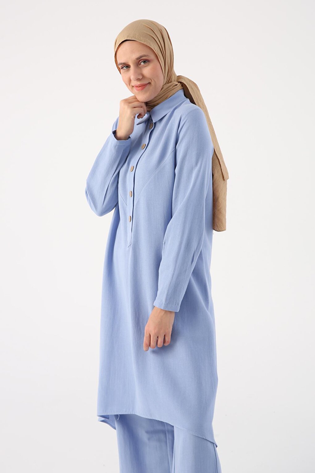 Light Blue Shirt Collar Back Long Linen Tunic