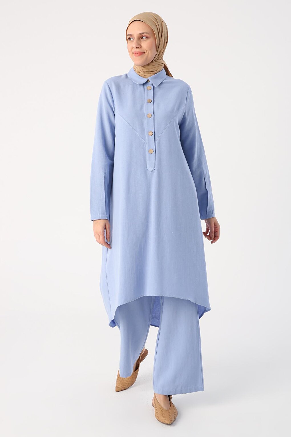 Light Blue Shirt Collar Back Long Linen Tunic