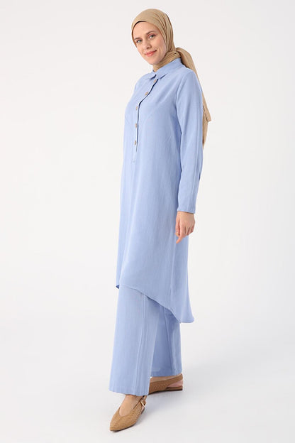 Light Blue Shirt Collar Back Long Linen Tunic