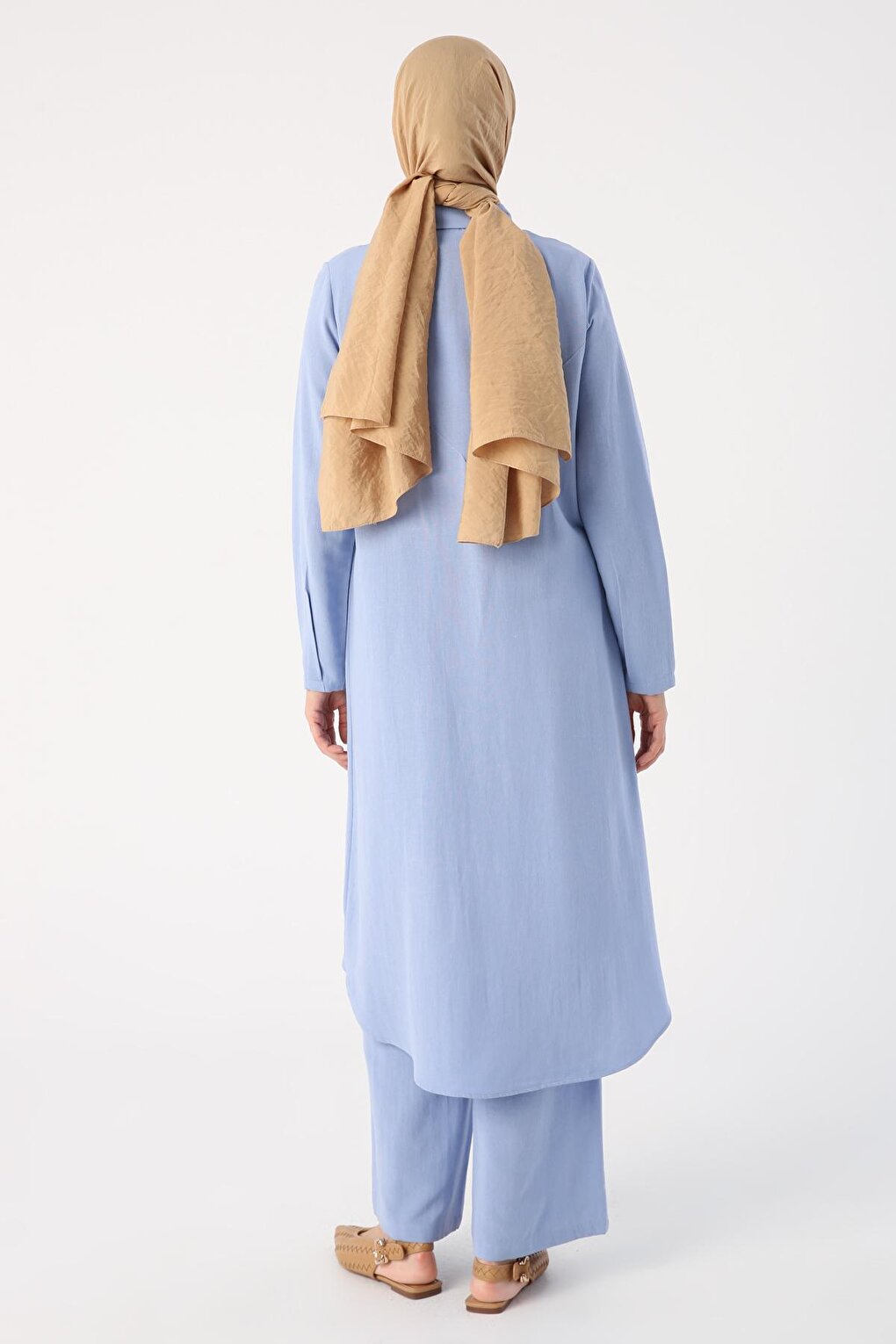 Light Blue Shirt Collar Back Long Linen Tunic