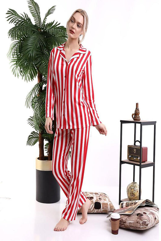 Red Women's Buttoned Striped Pajama Set