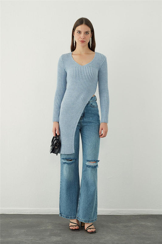 Blue Asymmetrical Cut Knitwear Tunic