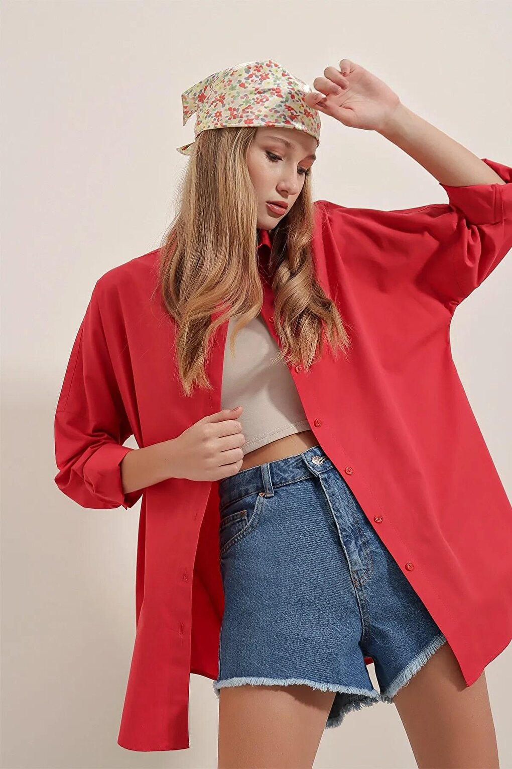 Women's Red Plain Plain Araboy Basic Oversize Shirt