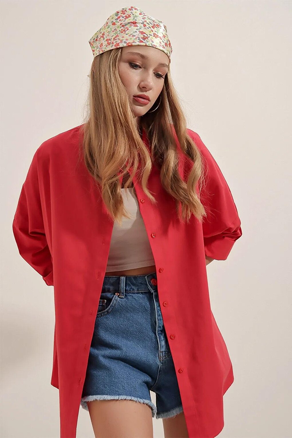 Women's Red Plain Plain Araboy Basic Oversize Shirt