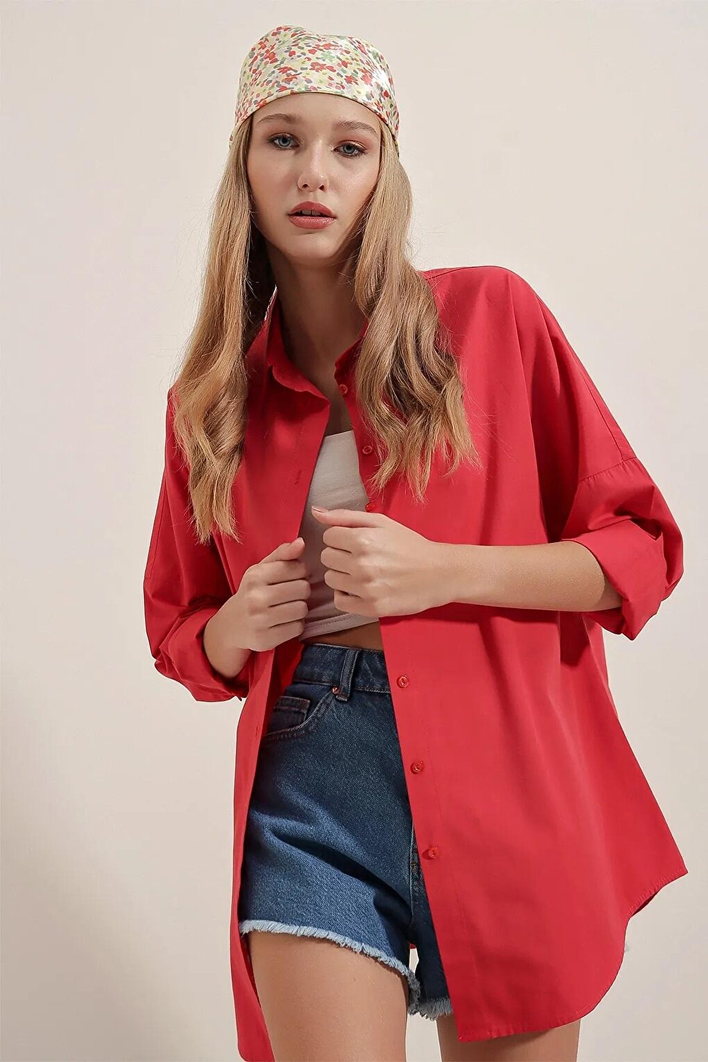 Women's Red Plain Plain Araboy Basic Oversize Shirt