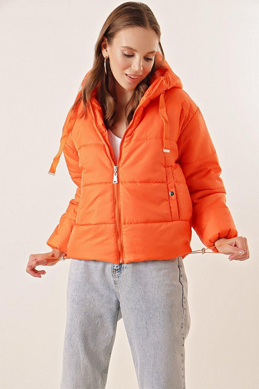 Women's Orange Hooded Waist Drawstring Puffer Coat HZL22W-BD151171