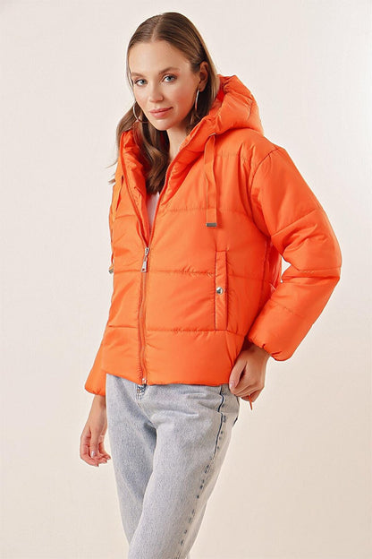 Women's Orange Hooded Waist Drawstring Puffer Coat HZL22W-BD151171