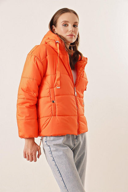 Women's Orange Hooded Waist Drawstring Puffer Coat HZL22W-BD151171