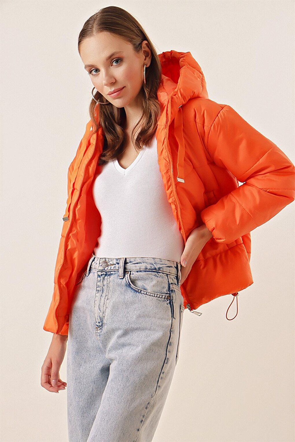 Women's Orange Hooded Waist Drawstring Puffer Coat HZL22W-BD151171