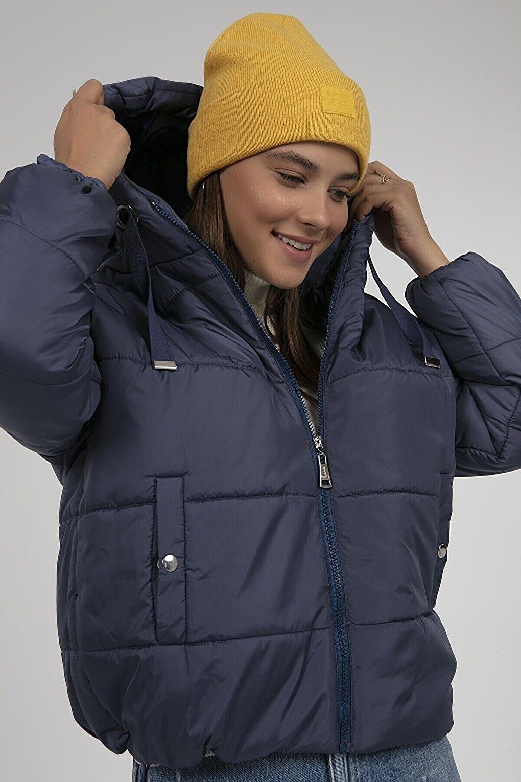 Women's Navy Blue Hooded Waist Drawstring Puffer Coat HZL22W-BD151171