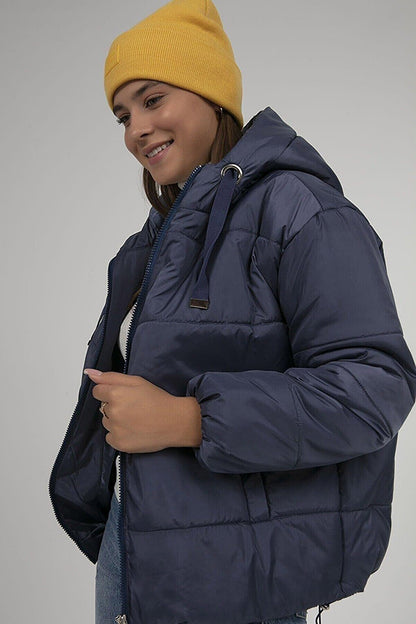 Women's Navy Blue Hooded Waist Drawstring Puffer Coat HZL22W-BD151171