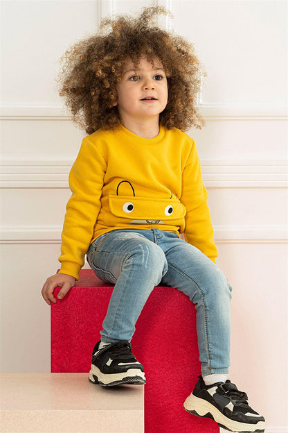 Children's Mustard Colored Kangaroo Pocket Bear Detailed Sweatshirt