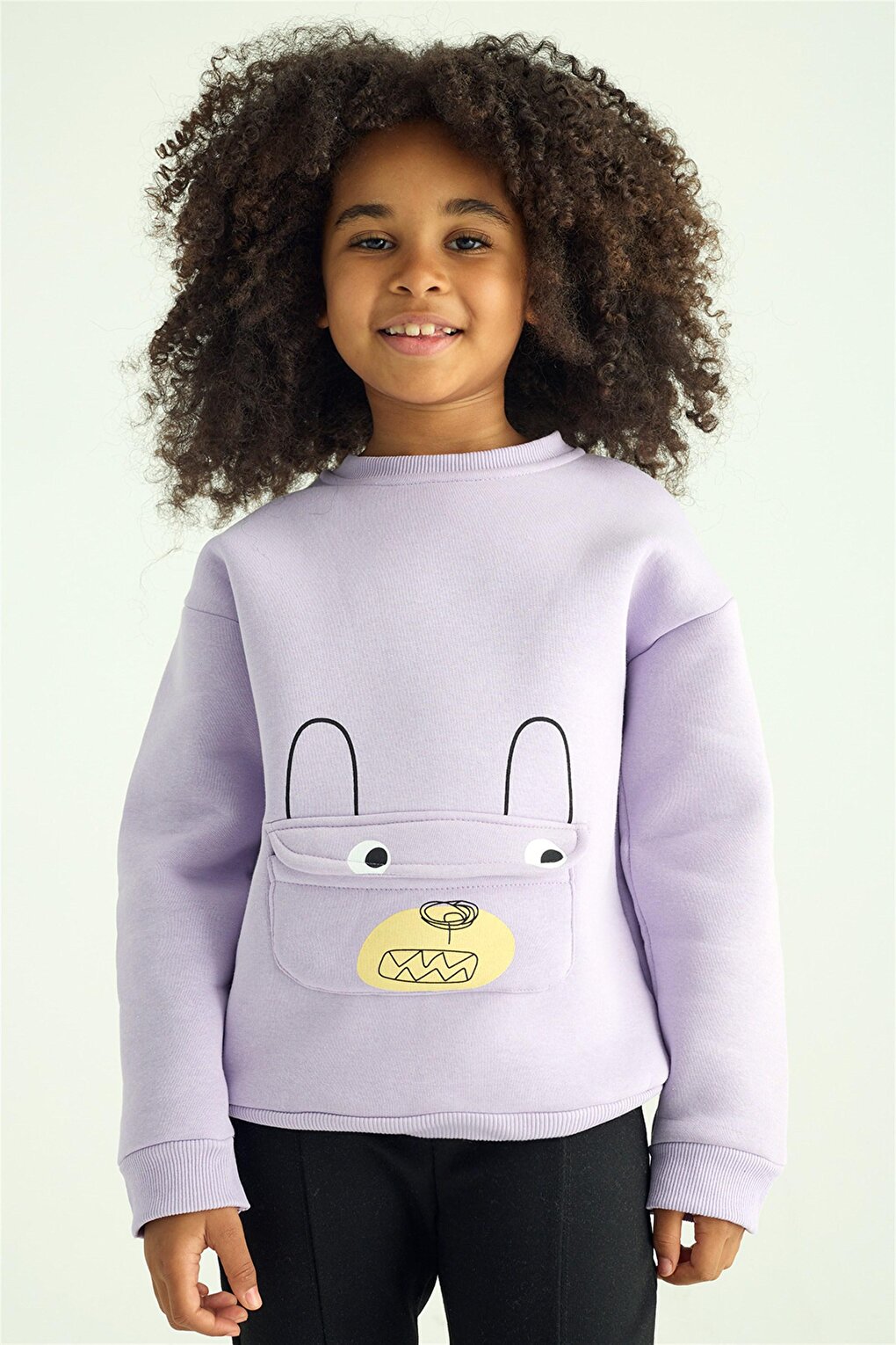 Children's Lilac Colored Kangaroo Pocket Bear Detailed Sweatshirt