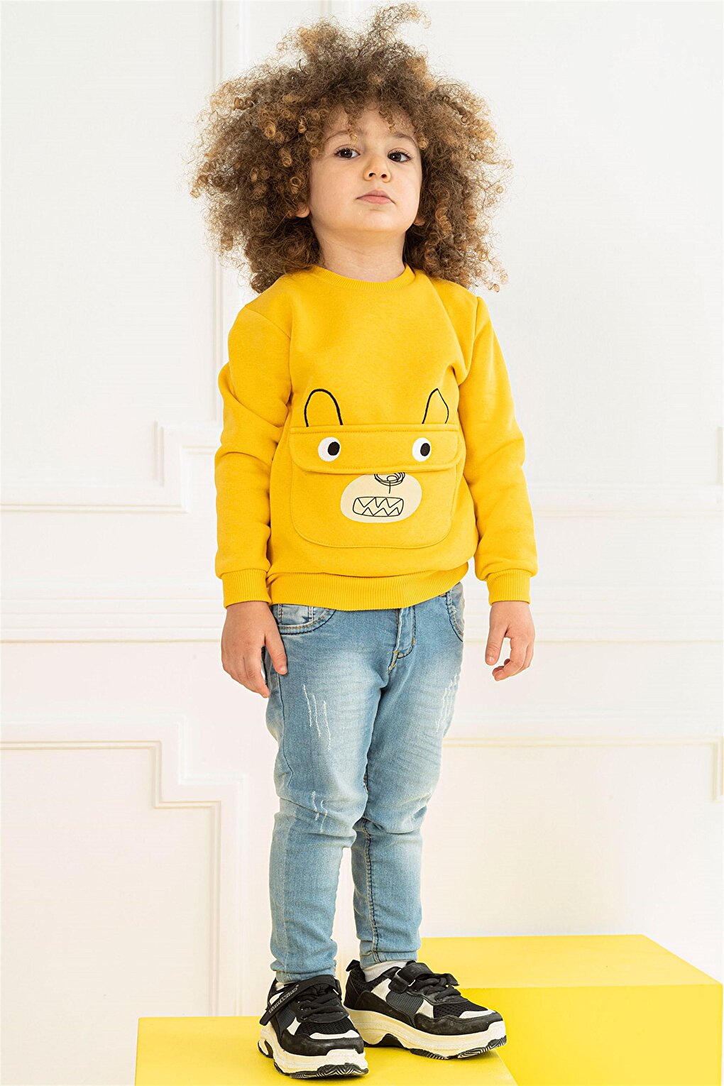 Children's Mustard Colored Kangaroo Pocket Bear Detailed Sweatshirt